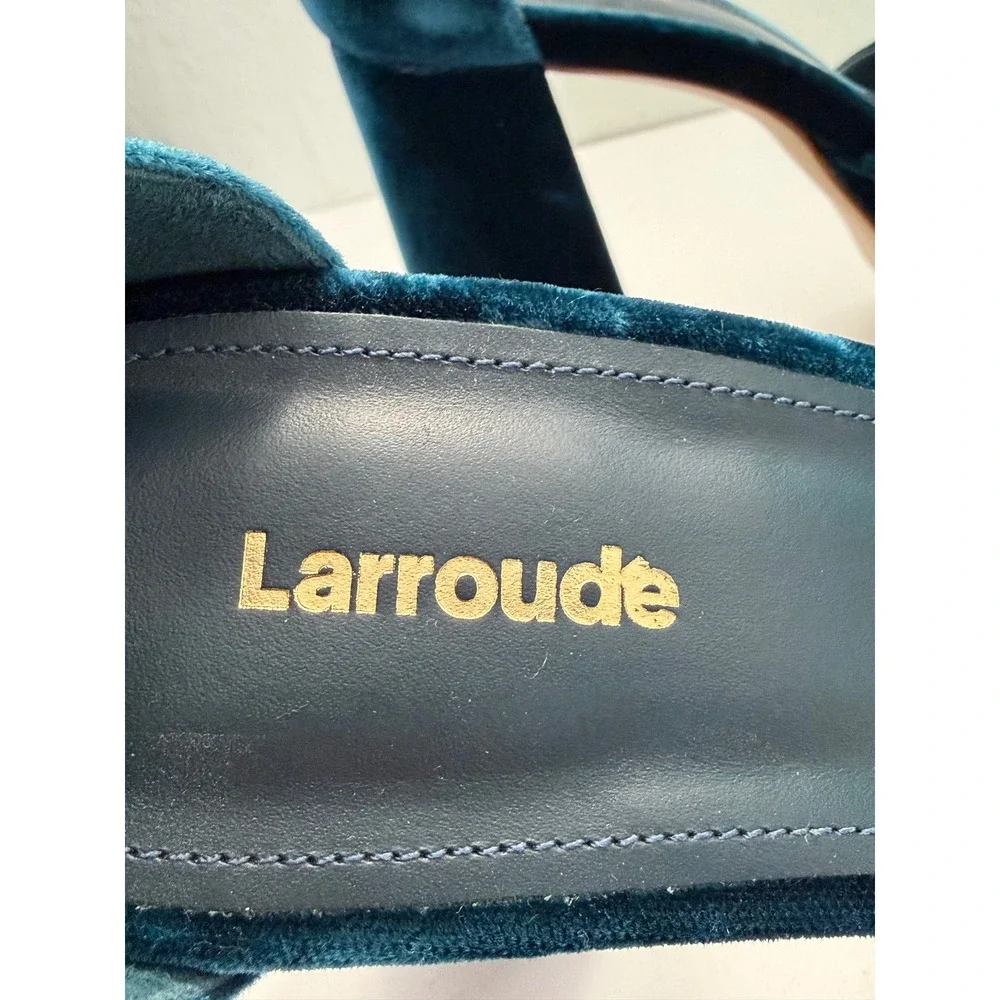 Larroude Miso Platform Pumps Teal Blue Velvet Ankle Strap Block Heel Womens 7